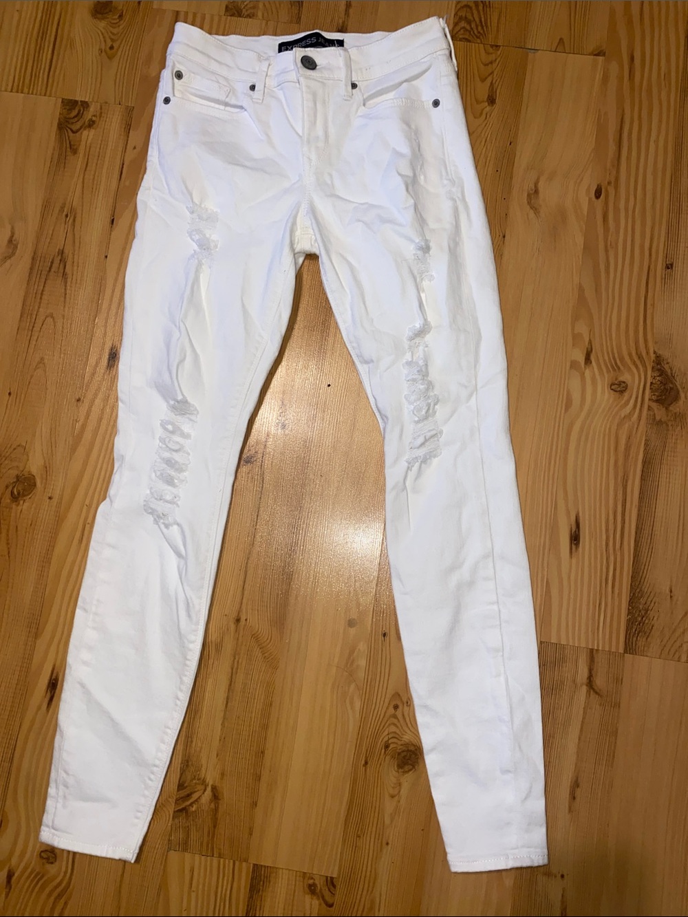 Express White Mid-Rise Distressed Jeans with Branded Button
